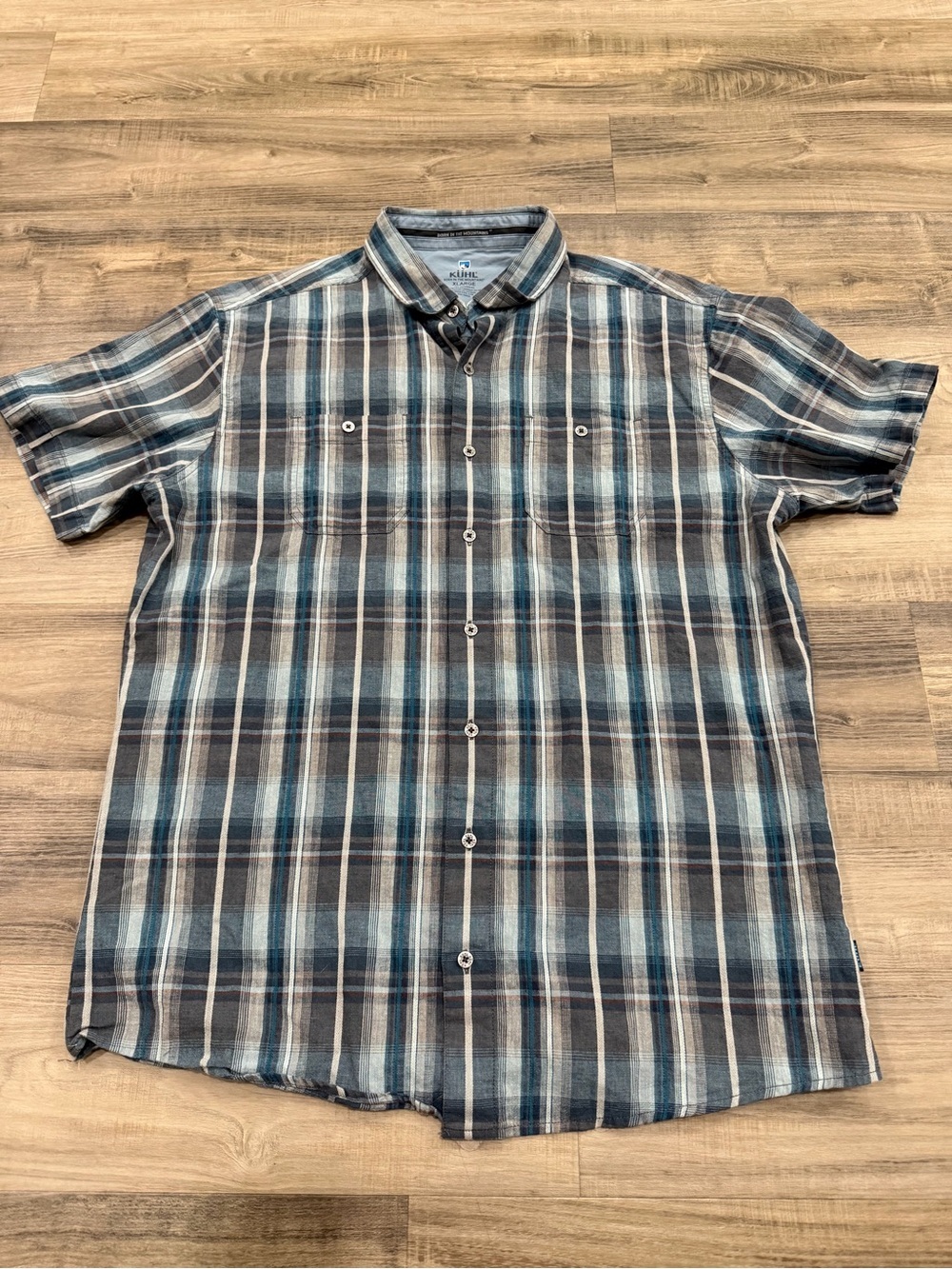 KÜHL Skorpio Men’s XL Blue Plaid Linen Cotton Short Sleeve Button Up Shirt